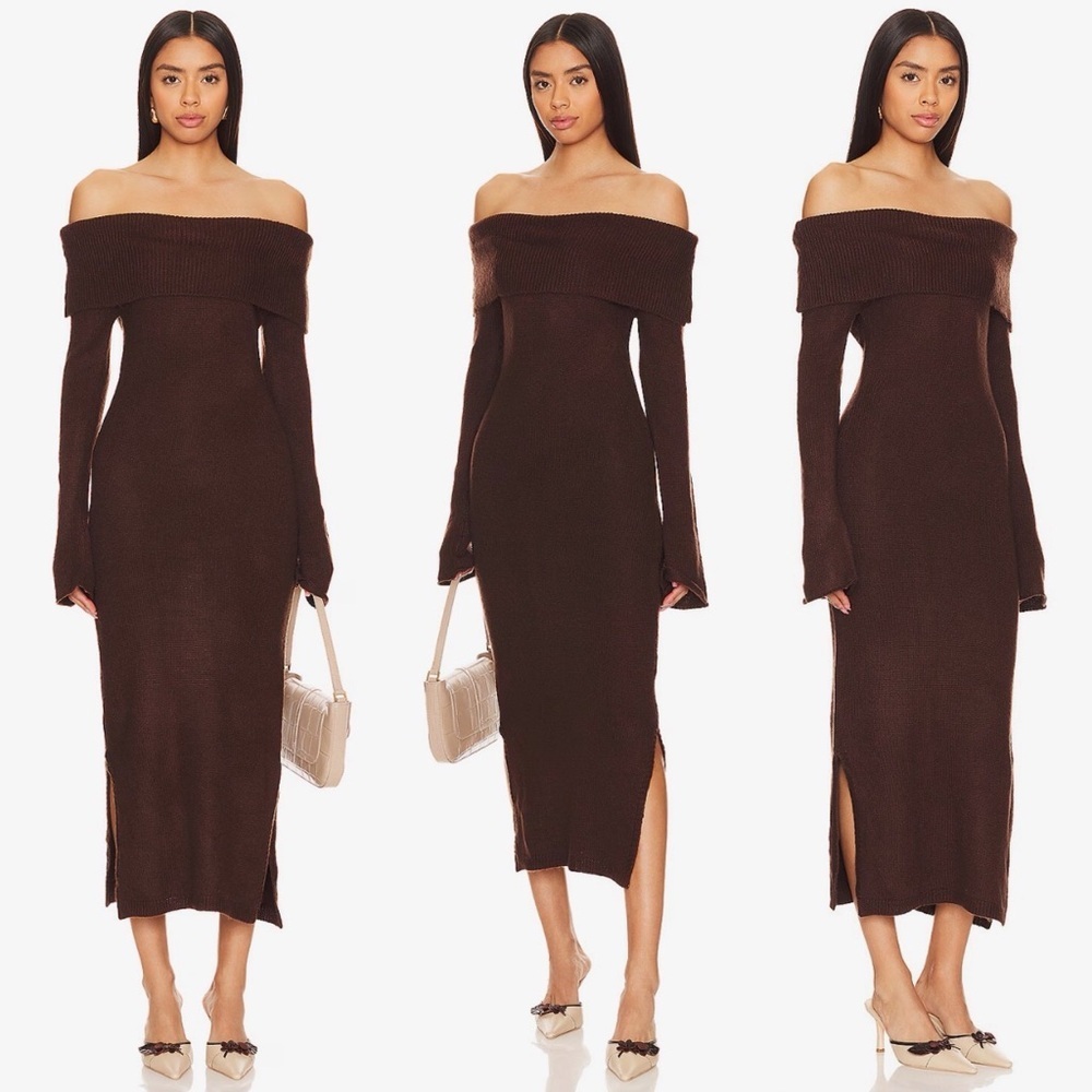 SNDYS- Off Shoulder Sweater Dress in Chocolate Brown Size Large Fall Fashion